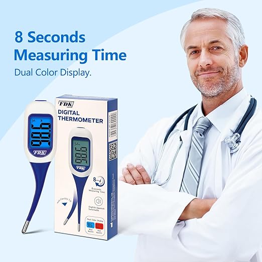 FDK Large LCD Screen Digital Thermometer for Fever, 8 Seconds Fast & Accurate Readings, Large LCD Dual Color Backlight Flexible Tip Ideal for Adults Kids and Babies FSA