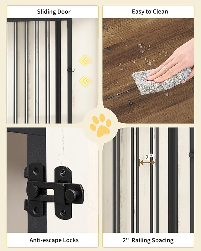 Hzuaneri 43.3" Dog Crate Furniture with Barn Door, Heavy Duty Dog Kennel Indoor with 2 Doors, Wooden Pet Cage End Table for Large Small Medium Dogs, Anti-Chew Anti-Escape, White Brown DFC92314B