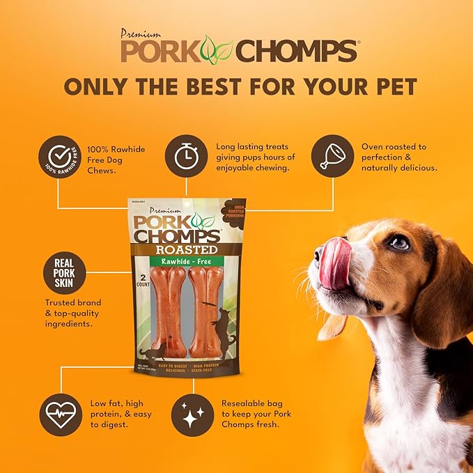 Pork Chomps Roasted Pressed Pork Skin Dog Chews, 4.5-inch Bone, 2 Count