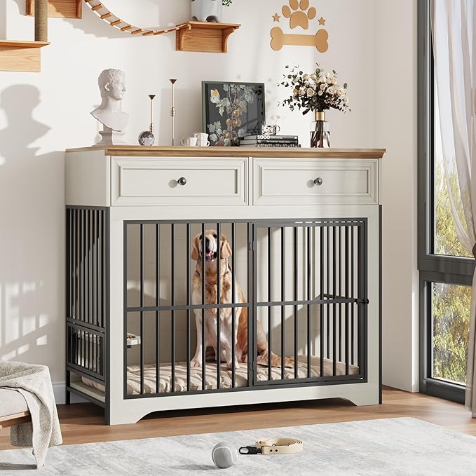 QUW 42" Modern Dog Crate Furniture, Wooden Dog Kennel for Medium to Large with 360° Rotating & 3-Levels Adjustable Height Dogs Bowl Holder, Decorative Dogs cage Pet House Indoor, Antique White