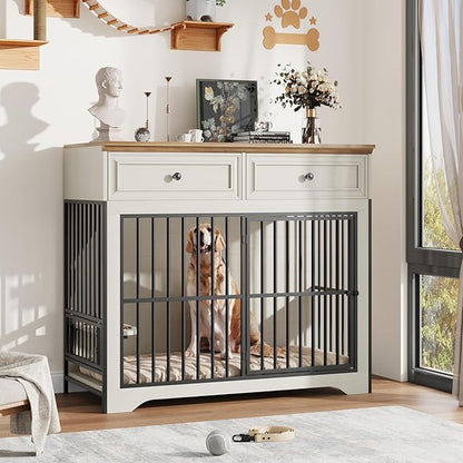 QUW 42" Modern Dog Crate Furniture, Wooden Dog Kennel for Medium to Large with 360° Rotating & 3-Levels Adjustable Height Dogs Bowl Holder, Decorative Dogs cage Pet House Indoor, Antique White