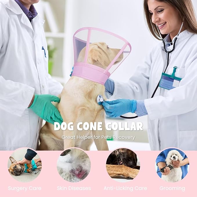 Dog Cone Collar for Dogs After Surgery,Transparent Dogs Cone Stop Licking,Foldable Dog Recovery Collars & Cones Anti-Bite Lick Protective Wound,Protective Elizabethan Collar Alternative,Pink,S