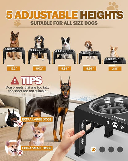 Jovrun Elevated Dog Bowls for Medium Size Dogs with Mat, Non-Slip Dog Feeder with 1*Stainless Steel Dishes & 1*Slow Feeder Bowl, 5 Heights Adjustable Raised Bowls for 3.15″-8.66″-9.84″-11.02″-12.2″