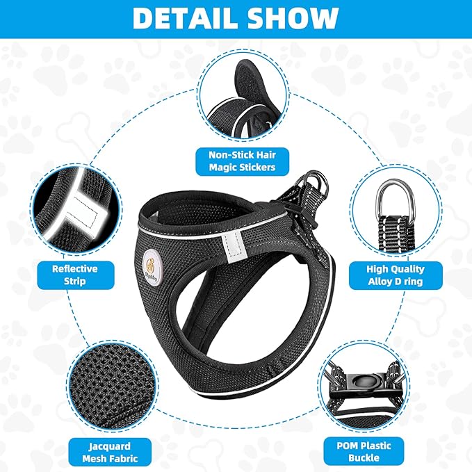 Hipubby Dog Harness and Leash Set, No Pull Soft Mesh Puppy Harness for Small Medium Dogs, Cats - Step in Reflective Breathable Lightweight Vest Harness for Walking, Training - Black, S