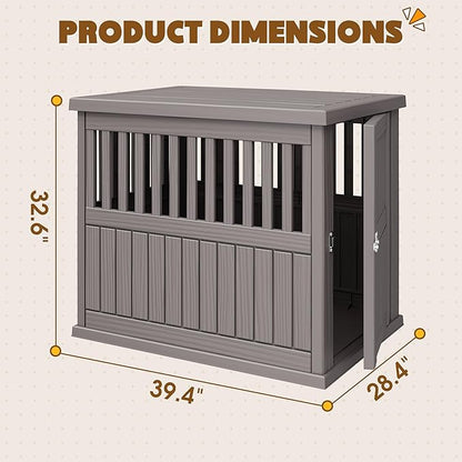 Bifanuo 40-Inch Dog Crate Furniture, Heavy Duty Dog Crate for Large and Medium Dog, Lockable Indoor Outdoor Dog Kennel & End Table, Decorative Plastic Pet Cage(Grey)