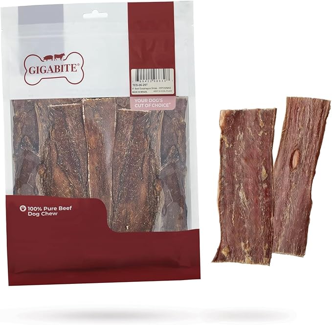 GigaBite Beef Esophagus Dog Treats - Natural Gullet Sticks for Dogs, High Protein Single Ingredient Dog Chews, Rawhide Free Dental Dog Treats for All Dog Breeds - Strips (6 Inch), Pack of 22