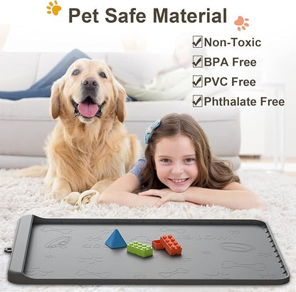 Dog Food Mat - Silicone Dog Mat for Food and Water - 28" x 20" Pet Feeding Mats with Residue Collection Pocket - Waterproof Dog Cat Bowl Mat with High Edges to Prevent Water Food Spills (Gray)