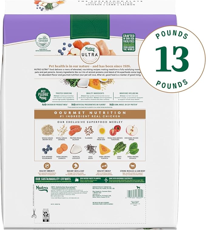 Nutro Ultra Dry Dog Food for Adult Dogs with a Trio of Proteins from Chicken, Lamb and Salmon, 13 lb. Bag