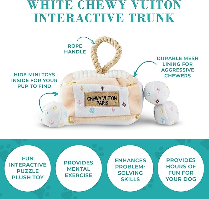 Haute Diggity Dog Chewy Vuiton Trunk Puzzle with 3 Plush Squeaky Dog Toys, Soft Durable Designer-Inspired Stuffed Puppy Chew Toys for Small & Medium Dogs, Machine-Washable (White) One Size