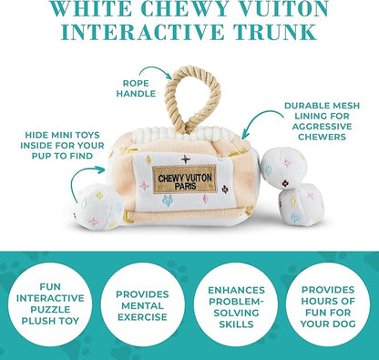 Haute Diggity Dog Chewy Vuiton Trunk Puzzle with 3 Plush Squeaky Dog Toys, Soft Durable Designer-Inspired Stuffed Puppy Chew Toys for Small & Medium Dogs, Machine-Washable (White) One Size