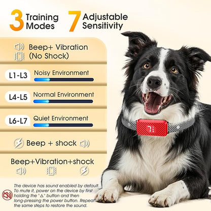 Dog Bark Collar for Large Medium Small Dogs, Effective No-Bark Collar, Smart Barking Collar, Rechargeable Bark Collar with 7 Sensitivity, 3 Modes, Waterproof, Red