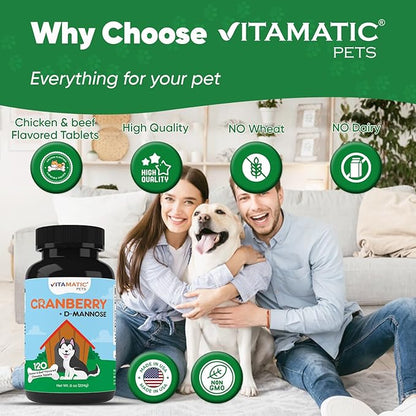 Vitamatic Cranberry for Dogs – 120 Chewable Tablets – with D-Mannose, Apple Cider Vinegar & Vitamin C – Urinary Tract & Bladder Support for Dogs