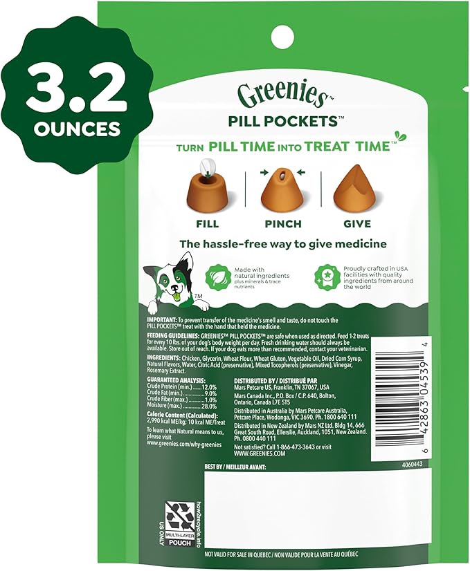 Greenies Pill Pockets for Dogs Small Size, Tablet Pill Treats for Dogs, Chicken Flavor, 3.2 oz. Pouch