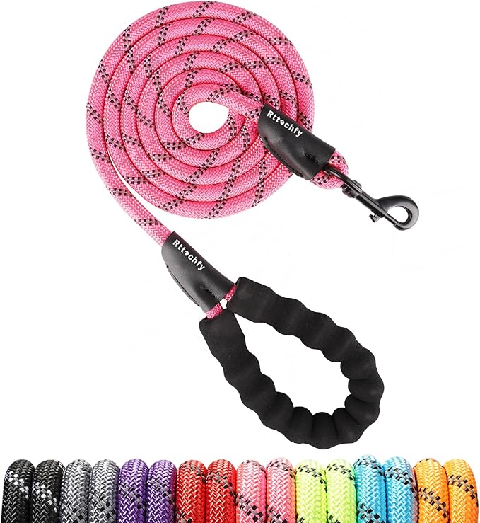 Rttochfy Rope Dog Leash 2/4/5/6/8/10 FT with Comfortable Padded Handle and Highly Reflective Threads for Small Medium and Large Dogs Heavy Duty (1/2"-8 FT, Pink)