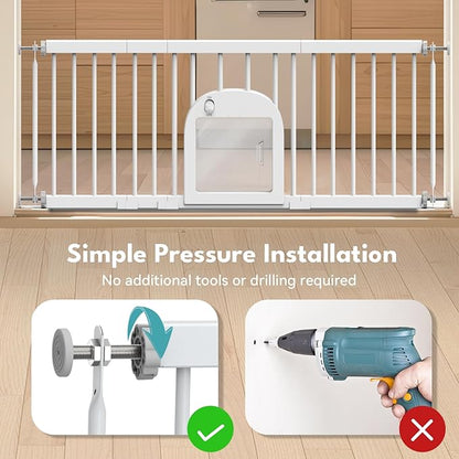 No Pawblems Dog Gate with Small Pet Door, 16"-42.7" Adjustable Metal Short Dog Gate to Step Over, 16.5" Tall Small Pet Gate with 3 Extension Kits, Pressure Mounted Gate for Doorways & Stairs, White