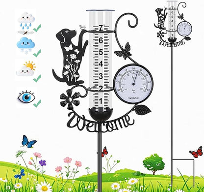 Rain Gauge Outdoor with Thermometer, 7" Capacity Detachable Rain Gauges Outdoors Best Rated with Stake, Cute Dog with Flowers & Butterflies Design Decorative for Garden Yard, Easy-Read Durable