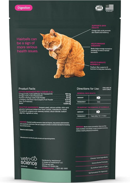 VetriScience Hairball Control Chews for Cats, Omega-3 and Fiber Supplement, Support Digestion and Skin and Coat, Tasty Small Bites, Chicken, 60 Count