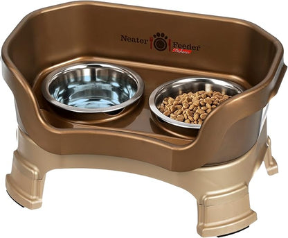 Neater Feeder Deluxe Mess-Proof Elevated Cat Bowls, 2 Height Adjustable (6” & 7.5”) No-Spill Raised Cat Bowl Stand, Whisker Friendly Stainless Steel Dishes for Indoor Cats, Made in USA, Bronze