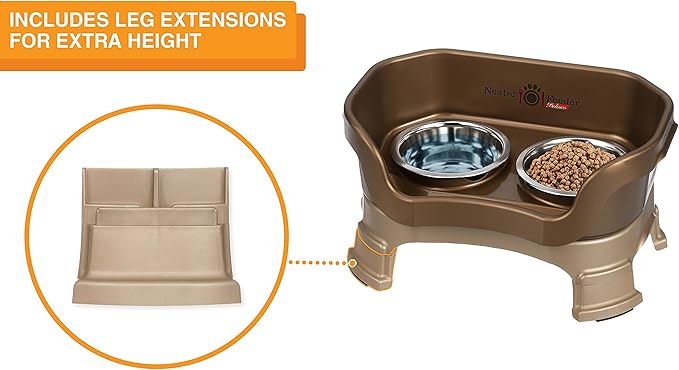 Neater Feeder Deluxe Mess-Proof Elevated Dog Bowls for Small Dogs (Up to 19 lbs), 2 Height Adjustable (6” & 7.5”) No-Spill Raised Dog Bowl Stand, Stainless Steel Food Bowl Set, Made in USA, Bronze