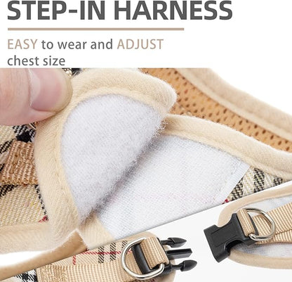 PUPTECK Adjustable Dog Harness Collar and Leash Set Step in No Pull Pet Harness for Small Medium Dogs Puppy and Cats Outdoor Walking Running, Soft Mesh Padded Reflective Vest Harnesses, Beige XS