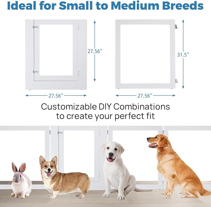 Heavy Duty Clear Acrylic Dog Playpen, 32" Height Transparent Pet Pen, Metal Frame Easy Assemble Kennel Enclosure, Ideal for Small to Medium Dogs, Cats, and Other Small Pets (White, 6 Panels with door)