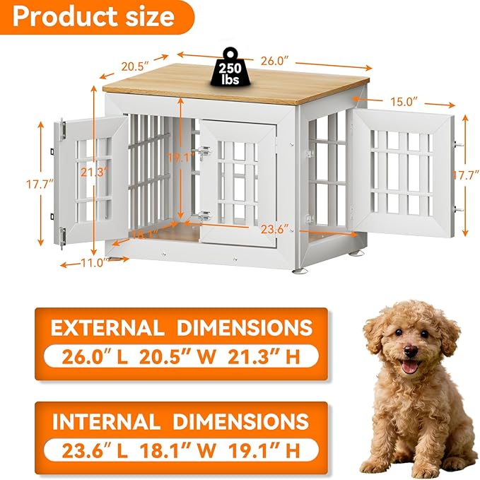 Snuowu 26" Heavy Duty Dog Crate Furniture for Small,Medium and Large Dogs,Rustic Wooden Dog Cage Kennel Indoor Furniture with Waterproof Top,Decorative Pet House Side End Table (White & Wood)