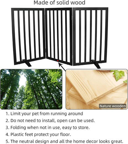 Dog Gate Indoor, Freestanding Dog Fence for The House, Doorways, Hallways,or Stairs,Pet Gate Foldable Wooden,Expandable 32" Height 3 Panels,Black