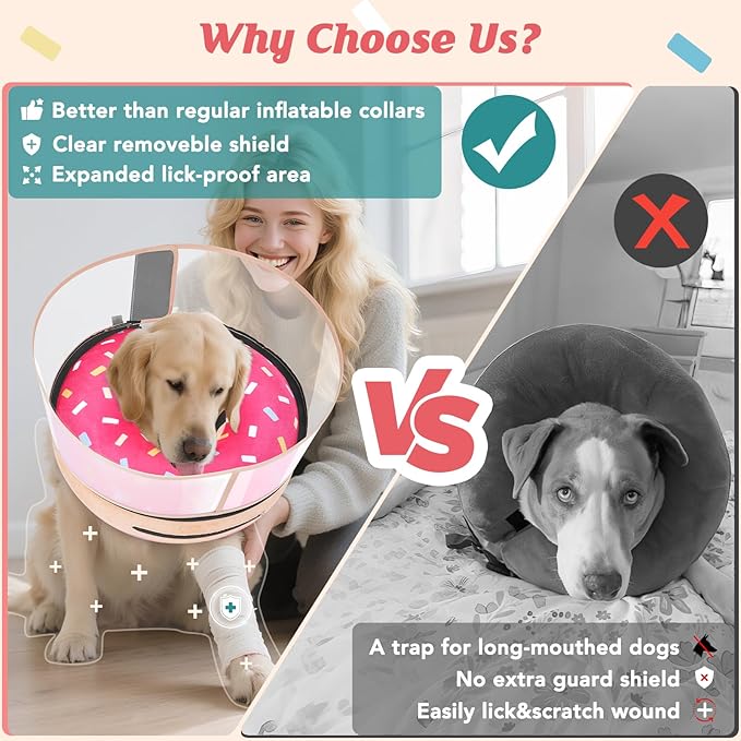 Inflatable Dog Cone with Anti-Licking Clear Shield, Protective Dog Donut Collar After Surgery, Adjustable Soft Recovery Cone for Pets, Alternative Collar with Buckle Strap (Pink, M+)