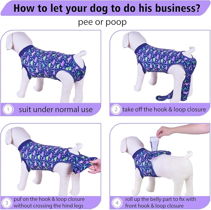 PetWarm Surgery Recovery Suit Female Spay, Onesies for Dogs, Dog Cone Alternative After Surgery Substitute E-Collar and Cone Prevent Dog Onesies Pet Recovery Suit, Dinosaur Pattern, Blue Purple, XS