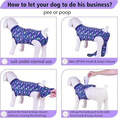 PetWarm Pet Recovery Suit for Dogs, Onesies for Dogs, Dog Cone Alternative After Surgery Substitute E-Collar and Cone Prevent Dog Onesies Pet Surgery Recovery Suit, Dinosaur Pattern, Blue Purple, S