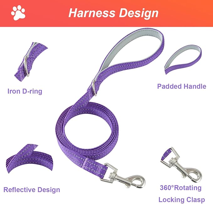Hipubby Dog Harness Small Sized and Leash Set, No Pull Soft Mesh Puppy Vest, Reflective Breathable Lightweight Pet Harness, Harness for Small Medium Dogs and Cats - Purple/White Trim, M