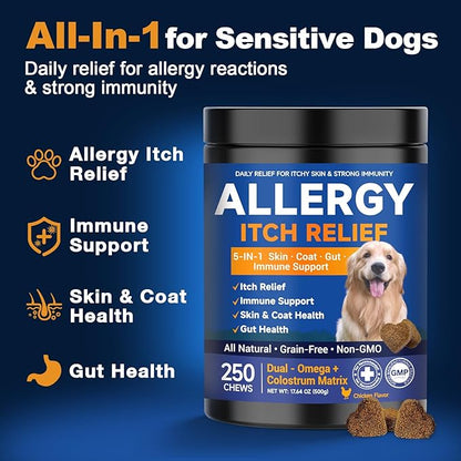 Dog Allergy Chews,is Omega 3 Human,Anti Itch Relief for Dogs Itching Skin Relief and Aller Immune Pet Multivitamin Allergy Chews Coat Licking Supplement Pills Meds Treats 250 Bites for Dogs