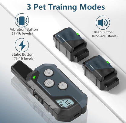 Shock Collar for Dogs, Dog Training Collar with Remote Control for 2 Dogs, 3 Training Modes with Beep, Vibration and Satic, Waterproof, Rechargeable for Large Medium Small