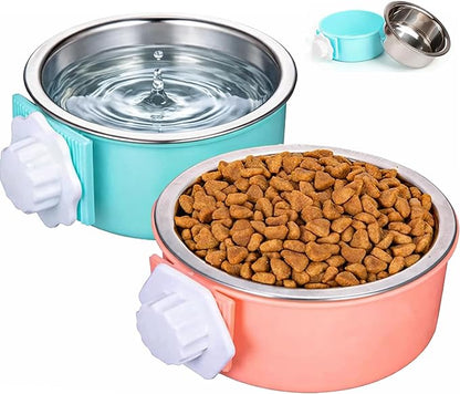 HERCOCCI 2 Pack Dog Crate Bowls, Hanging Removable Stainless Steel Food and Water Bowls for Puppies, Small Dogs, Cats, Rabbits & Ferrets (Blue, Red)