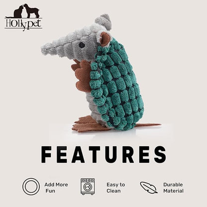 Hollypet Plush Dog Squeaky Toy Stuffed Armadillo Animal Pet Puppy Chew Toys with Clean Teeth for Small Medium Large All Breed Sizes Dogs, Deep Green, 6 in