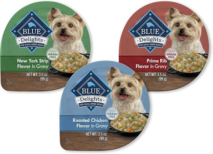 Blue Buffalo Delights Natural Adult Small Breed Wet Dog Food Cups, in Gravy, Chicken, Prime Rib and NY Strip 3.5-oz (24 Pack- 8 of Each Flavor)