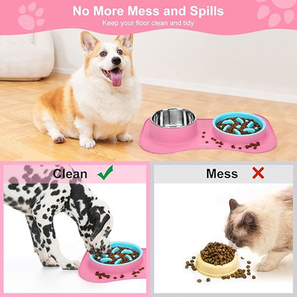 Anipaw Slow Feeder Dog Bowls 3 in 1 Stainless Steel Dog Food and Water Bowls with Non-Spill Non-Skid Silicone Mat to Slow Down Eating for Large Medium Small Breed Size Dogs and Cats
