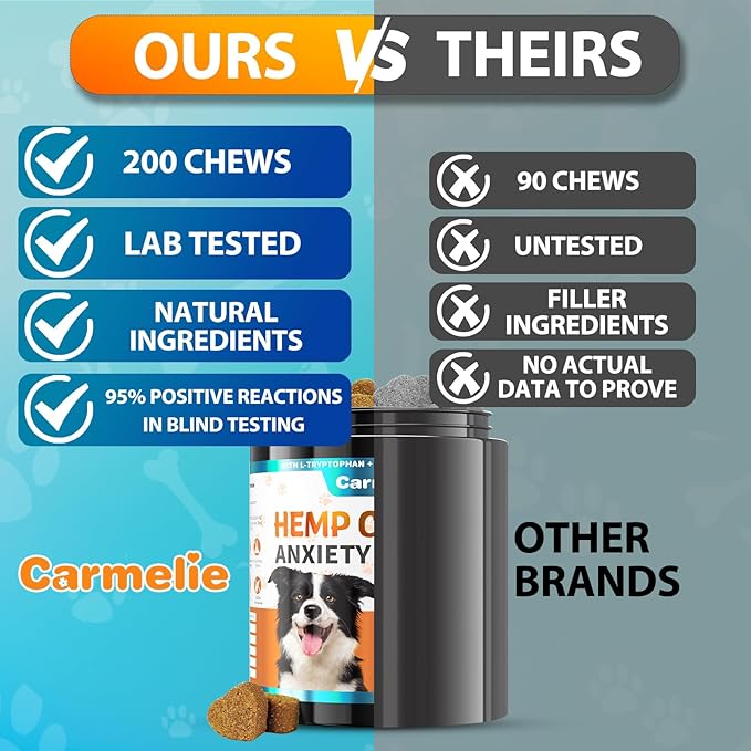Carmelie Hemp Calming Chew for Dog - 200 Chews Dog Calming Treats -Dogs Anxiety & Stress Relief Valerian Root Chamomile Melatonin for Separation, Barking, Stress & Slee- Chicken Flavor