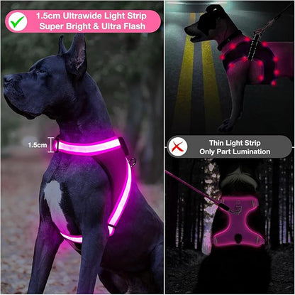 ChalkLit Light Up Dog Harness, No Pull Led Dog Harness Glow-in-The-Dark for Night Walking, USB Rechargeable Lighted Safety Vest for Medium Large Dogs, Adjustable Soft Mesh Fully Illuminated(Pink, L)