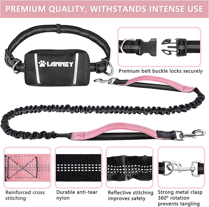 LANNEY Hands Free Dog Leash, Waist Running Leash with Zipper, Walking Pouch for Medium Large Dogs, Dual Handle and Retractable Bungee for Training Jogging Hiking(25-120 lbs, Pink)
