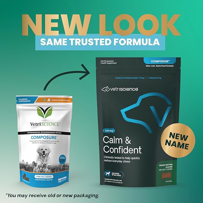 VetriScience Clinically Tested Composure Calm & Confident Chews - Supplement for Dogs with Anxiety, Stress & Fear with L-Theanine for Thunderstorms, Fireworks or Travel, Peanut Butter, 120 Count
