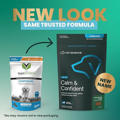 VetriScience Clinically Tested Composure Calm & Confident Chews - Supplement for Dogs with Anxiety, Stress & Fear with L-Theanine for Thunderstorms, Fireworks or Travel, Peanut Butter, 120 Count