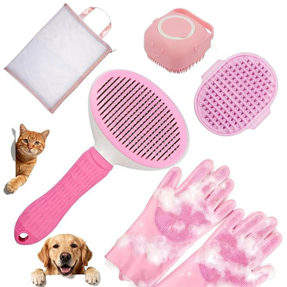 Dog Bath Supplies, Bath Grooming Kit with Storage Bag - Self Cleaning Slicker Brush, Shampoo Brush & Scrubber, Dog Grooming Gloves for Short & Long Haired Dogs & Cats (6 PCS)