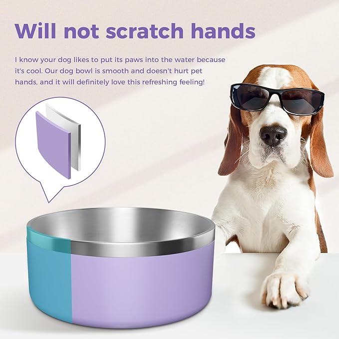WENBOKMIN Dog Bowl, Stainless Steel Dog Food and Water Bowl with Non Slip Quiet Bottom, Easy to Clean, Dishwasher Safe, 64oz, Light Purple