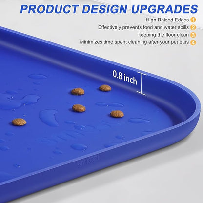 SMILOOL Silicone Pet Feeding Mat with Raised Edge for Food and Water, Dog Bowl Mats, Cat Bowls Placemat with High Lip for Floor Waterproof, Rubber Tray for Cats and Dogs 22 x 14 x0.8 Navy Blue