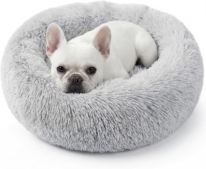 WROS Calming Dog Bed, 24" x 24" x 6" Fits Cat & Dog, Anti-Slip Round Washable Faux Fur for Doze Off, Napping Orthopedic, Grey