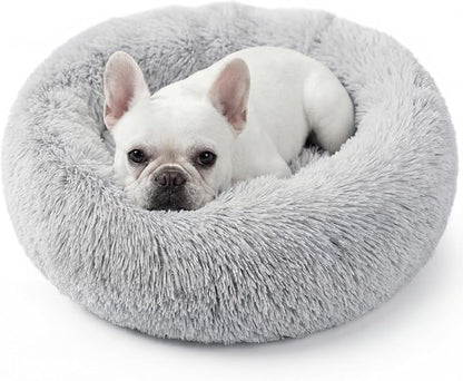 WROS Calming Dog Bed, 24" x 24" x 6" Fits Cat & Dog, Anti-Slip Round Washable Faux Fur for Doze Off, Napping Orthopedic, Grey