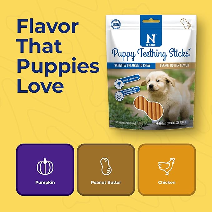 N-Bone Puppy Teething Sticks Variety Pack, Chicken & Pumpkin & Peanut Butter Flavor, Total 3 Bags, 11.22-oz, (Pack of 6)