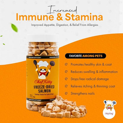Freeze Dried Salmon Cat Treats | 100% Wild Caught Salmon Dog Treats, Grain- Free | High Protein, Single Ingredient Cat & Dog Food Toppers | No Additives or Preservatives | Tested in USA | 1.4 oz