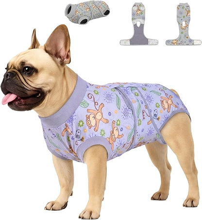 PetWarm Recovery Suit for Dogs, Dog Surgical Recovery Suit Female and Male, Dog Onesie for Surgery, Anti-Licking Dog Surgery Recovery Suit, Monkey Pattern, Grey, XS